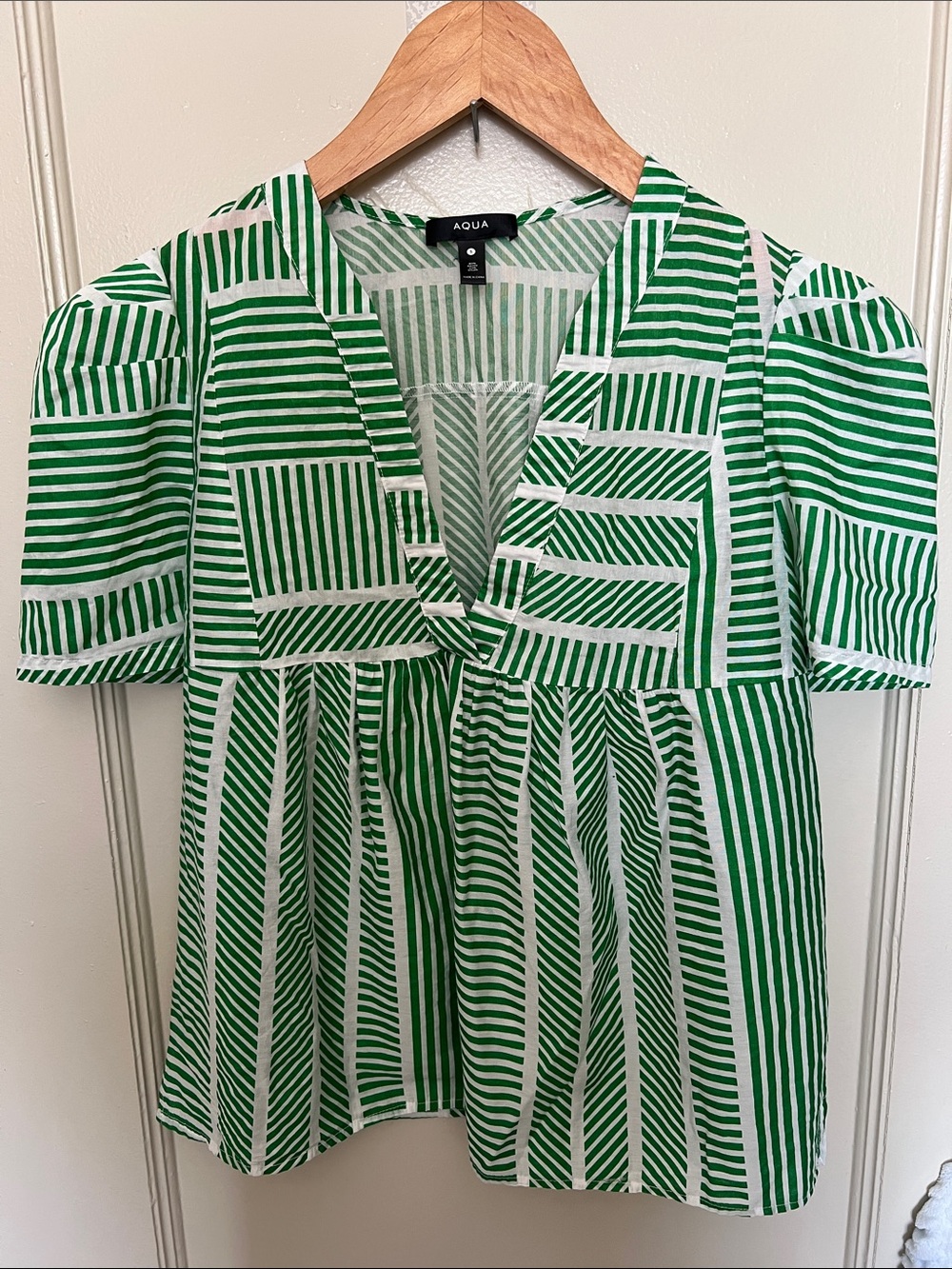 Aqua Green & White Block-Stripe V-Neck Peasant Top
